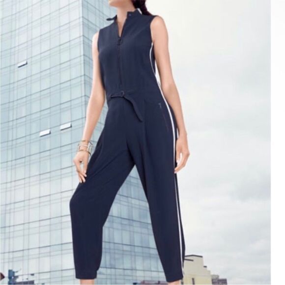 Akris Punto Front Zip  Jumpsuit Navy Blue Mesh Side-Stripe  Sleeveless Sz 6 - Picture 1 of 17